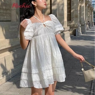 RECHIC Đầm Ngắn Uri dáng babydoll tay phồng trẻ trung nữ tính phù hợp đi dạo phố