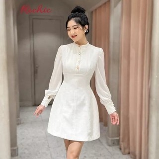 RECHIC Đầm Ngắn Fia tay dài cổ trụ dáng chữ A thanh lịch nhã nhặn