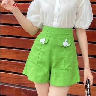 RECHIC Quần ngắn Charlis dáng chữ A kiểu gập lai đính nơ phía trước trẻ trung thanh lịch