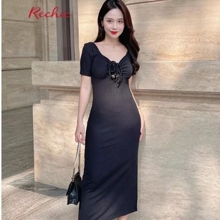 RECHIC Đầm Eunice dáng dài ôm body chất thun gân co giãn tôn dáng phù hợp đi dạo phố