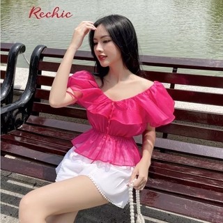 RECHIC Áo Kiểu Ellis dáng chiết eo thiết kế cổ chữ V có viền bèo sang trọng trẻ trung