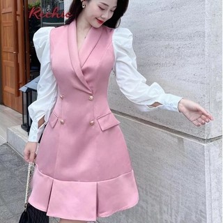 RECHIC Đầm ngắn Alexa dáng vest tay dài xếp ly ở lai sang trọng thời thượng phù hợp đi làm