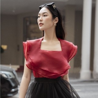RECHIC Áo Kiểu Oriana cổ vuông kiểu bèo tầng choàng vai chất voan Hàn dễ thương xinh xắn