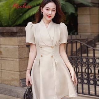 RECHIC Đầm ngắn Verani màu cream cổ vest tay ngắn chiết eo thanh lịch công sở dạo phố