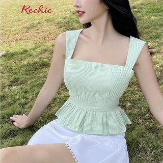 RECHIC Áo kiểu Celina hoạ tiết caro thiết kế hai dây bảng to có chiết eo trẻ trung năng động