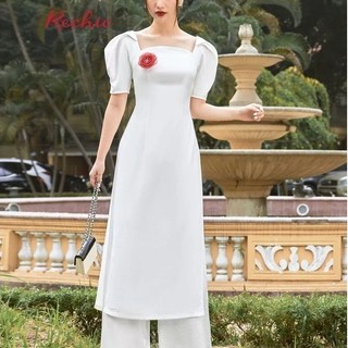 RECHIC Áo Dài Thục Đoan tay phồng cổ vuông (Không kèm quần và hoa cài áo)