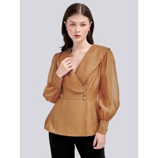 RECHIC Áo Kela Màu Be cổ V tay phồng dài chiết eo thanh lịch sang trọng nơi công sở
