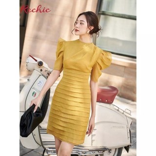 RECHIC Đầm Sulce Màu Vàng cổ tròn xếp ly tầng thời thượng xinh xắn dạo phố trẻ trung