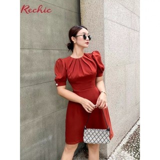 RECHIC Đầm Winary Màu Cam cổ tròn tay phồng dáng ngắn sang trọng thanh lịch xinh xắn