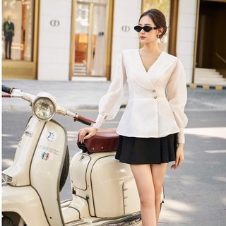 RECHIC Áo Kela Màu Trắng cổ V tay phồng dài dễ phối thanh lịch sang trọng