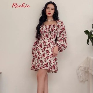 RECHIC Đầm Elainy Họa Tiết Hoa Đỏ cổ vuông tay dài cột nơ Hiện Đại Dễ Thương