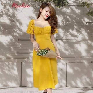 RECHIC Đầm Polana màu vàng cổ vuông tay phồng dáng dài nhún ngực nhẹ nhàng dễ thương