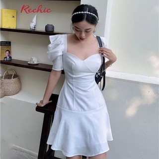 RECHIC Đầm Kaity Màu Trắng cúp ngực tay phồng ngắn dáng A ngắn trơn năng động trẻ trung