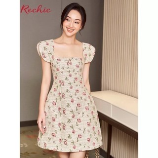 RECHIC Đầm Drusilla Họa Tiết Hoa Nhí cổ vuông tay kiểu dáng ngắn Sang Trọng Siêu Xinh