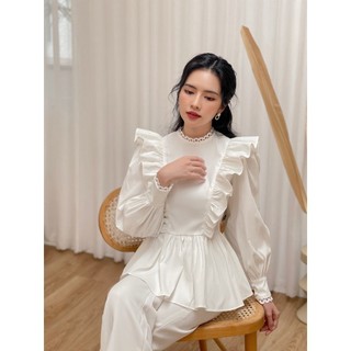 RECHIC Áo Raria Màu Trắng cổ tròn tay dài bèo vai Chiết Eo Siêu Tiểu Thư Dễ Thương