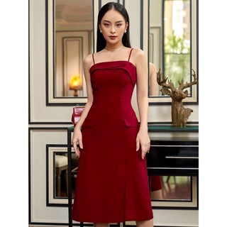 RECHIC Đầm Konos Màu Đỏ hai dây đi tiệc dáng dài túi giả đính nút sang trọng gợi cảm