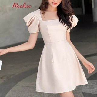 RECHIC Đầm Berley cổ vuông tay phồng cột nơ lưng sang trọng thanh lịch