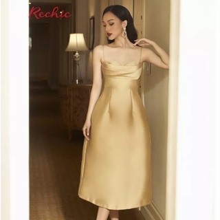RECHIC Đầm Mera Màu Vàng dây cổ đổ cúp ngực dáng dài sang trọng gợi cảm trong tiệc