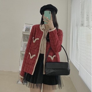RECHIC Áo Akina jackets vải tweed màu đỏ cổ tròn viền trắng thời thượng xinh xắn