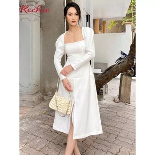 RECHIC Đầm Bevis Màu Trắng cổ vuông tay dài dáng dài xẻ tà sang trọng trẻ trung thanh lịch