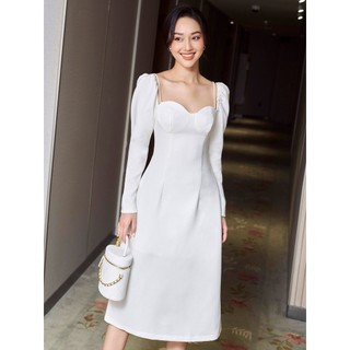 RECHIC Đầm Erina Màu Trắng cổ vuông tay phồng dáng dài Xinh Xắn Thanh Lịch