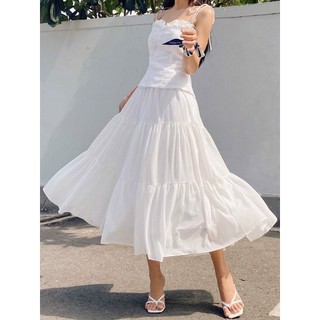 RECHIC Chân Váy Kirany Màu Trắng dáng xòe dài phối đố xinh xắn dễ thương