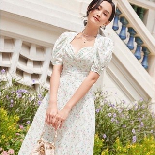 RECHIC Đầm Belinda Họa Tiết Hoa vàng cổ thuyền tay phồng dáng dài Xinh Xắn Dễ Thương