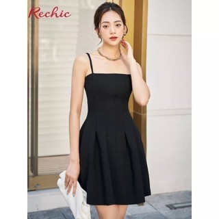 RECHIC Đầm Godiva Màu Đen hai dây cổ vuông dáng A ngắn sang trọng quyến rũ