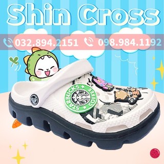 dép cross💖FREESHIP💖 quai ngang họa tiết trắng 3D đế đen 3DSON tặng thêm 12 jibitz cài dép cross