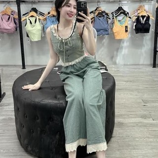 Set jean giặt 2 dây phối ren quần suông