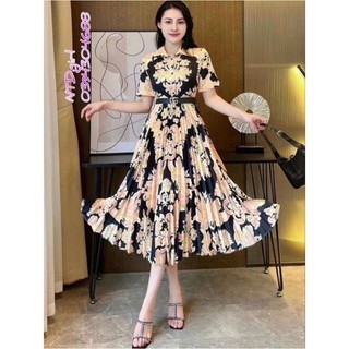 Hàng nhập - Đầm dáng xòe lụa tơ xếp li in hoa văn, váy dự tiệc Quảng Châu tay ngắn cổ sơ mi 18062024