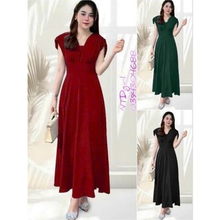 Thiết kế - Đầm dáng xòe thun mango form dài cổ V nhún, váy maxi không tay sang trọng 18062024
