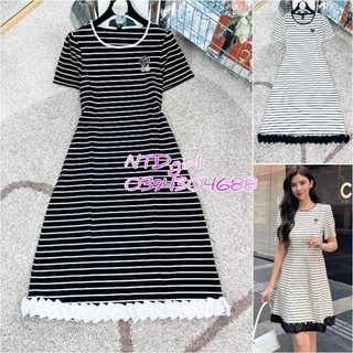 Hàng nhập - Đầm dáng xòe thun cotton kẻ ngang chân viền bèo, váy Quảng Châu tay ngắn cổ tròn dạo phố 18062024