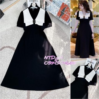 Hàng nhập - Đầm dáng xòe thun cotton mịn mát phối màu trắng đen, váy Quảng Châu tay ngắn cổ 2 lớp lá nhọn 18062024