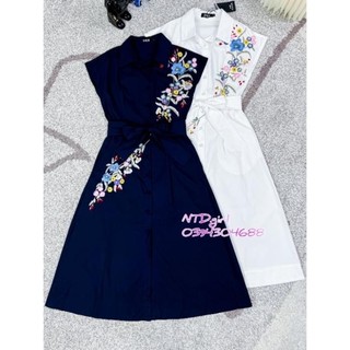 Hàng nhập - Đầm dáng xòe cổ sơ mi thêu hoa xinh xắn, váy Quảng Châu không tay cài nút trước 18062024