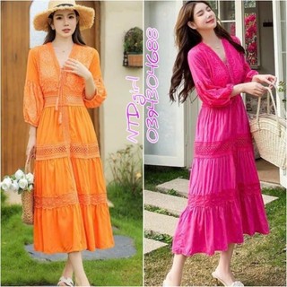 Hàng nhập - Đầm dáng xòe maxi xô lụa thêu hoa, váy dự tiệc Quảng Châu cổ V tay búp 18062024