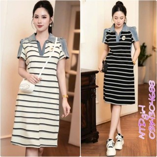 Hàng nhập - Đầm dáng suông thun cotton phối jean độc đáo, váy xuông Quảng Châu kẻ ngang cổ sơ mi 18062024