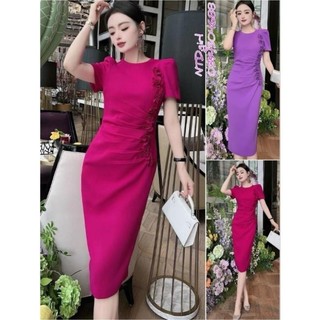 Hàng nhập - Đầm dáng ôm thun cotton mát lạnh nhún eo đính hoa, váy body Quảng Châu tay ngắn cổ tròn 18062024
