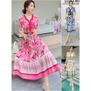 Hàng nhập - Đầm dáng xòe lụa xếp li mịn mát in hoa lá, váy dự tiệc Quảng Châu tay ngắn cổ tim 18062024