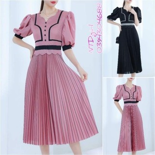 Hàng nhập - Đầm dáng xòe xếp li free size tay phồng đính nút, váy Quảng Châu phối viền dự tiệc 18062024