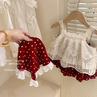 Set áo dây ren mix cv đỏ chấm bi kèm khăn