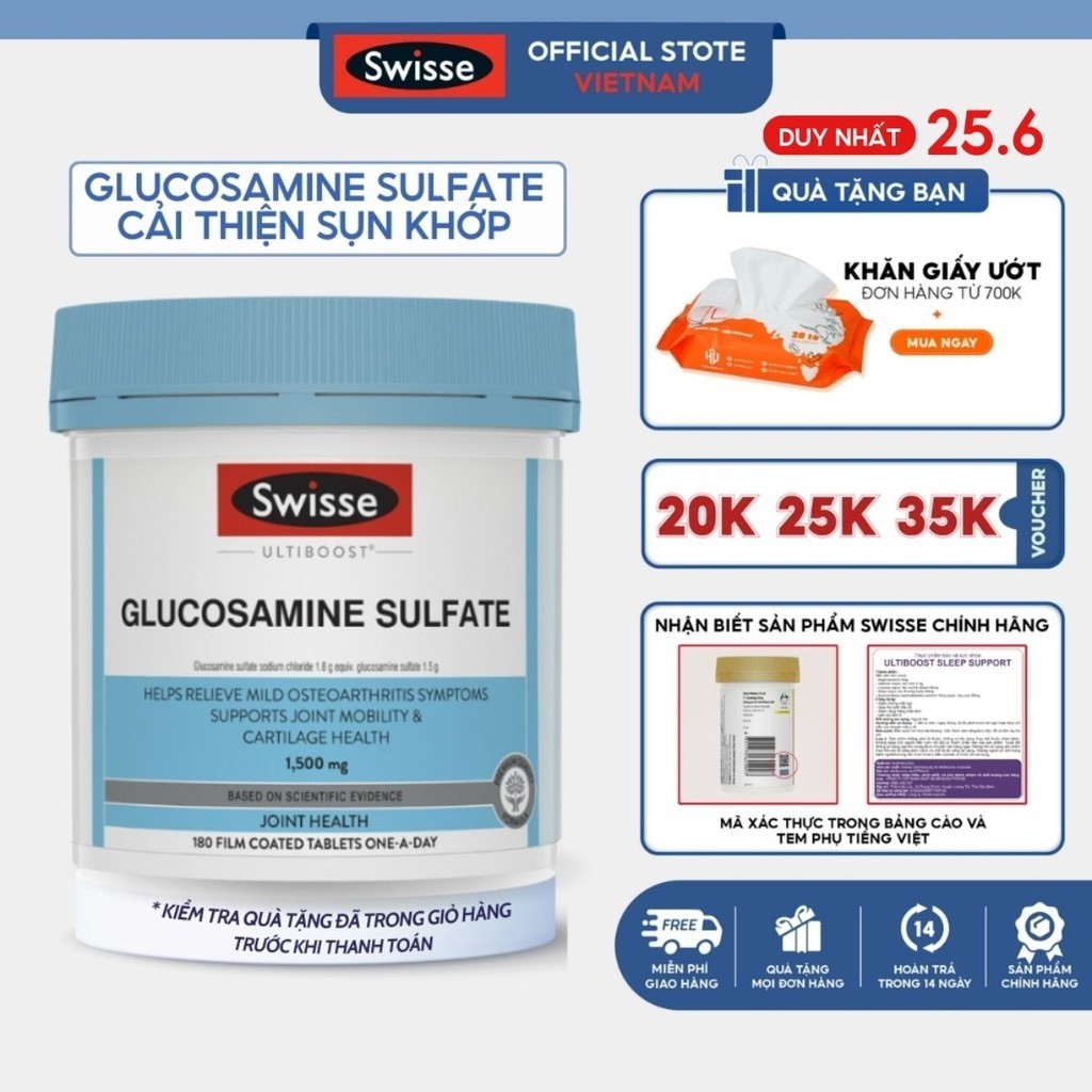 Cải thiện sụn khớp Swisse Ultiboost Glucosamine Sulfate 1500mg giúp duy trì sức khỏe sụn khớp hộp 180 viên
