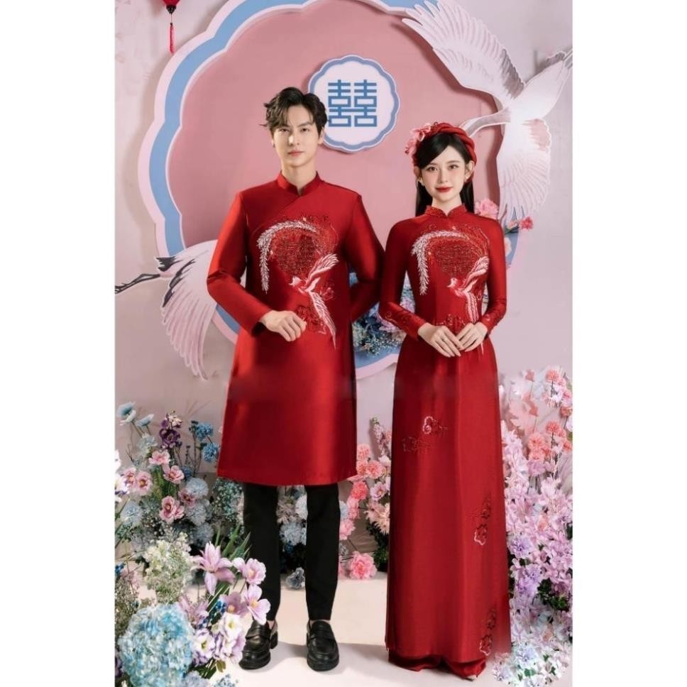 Áo Dài Cặp Cưới Hỏi Cô Dâu Chú Rể Truyền Thống Màu Đỏ, ROSE ÁO DÀI BRIDAL mã AD880