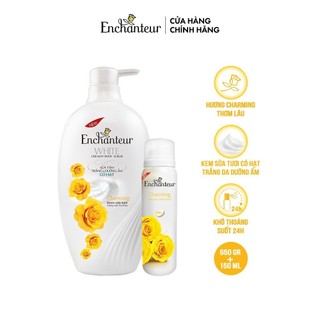 Combo Sữa Tắm Trắng Và Dưỡng Ẩm Có Hạt Enchanteur Charming 650Gr và Xịt Khử Mùi Nước Hoa Enchanteur Charming 150Ml