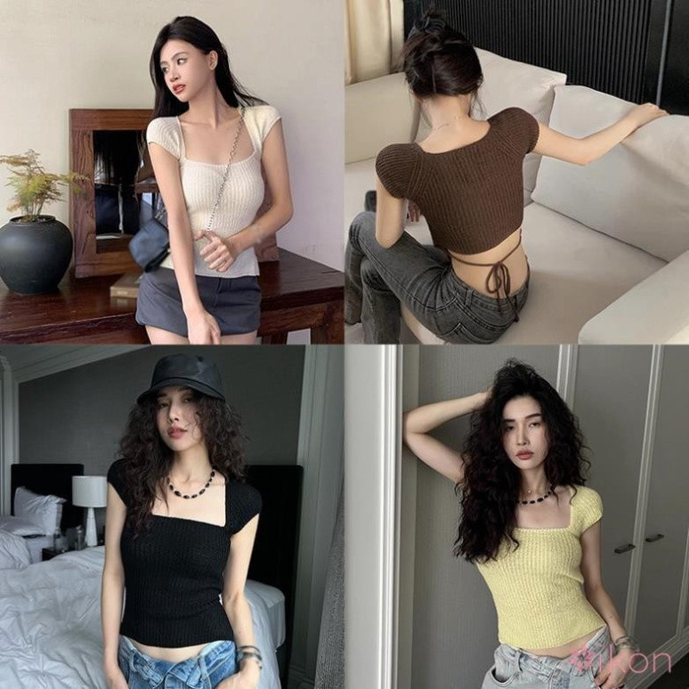 [HÈ 2024] Áo Croptop Dệt Kim Tay Ngắn Ngang Vai Màu Trơn Thiết Kế Dây Đan Chéo Sau Lưng Quyến Rũ A80 | BigBuy360 - bigbuy360.vn