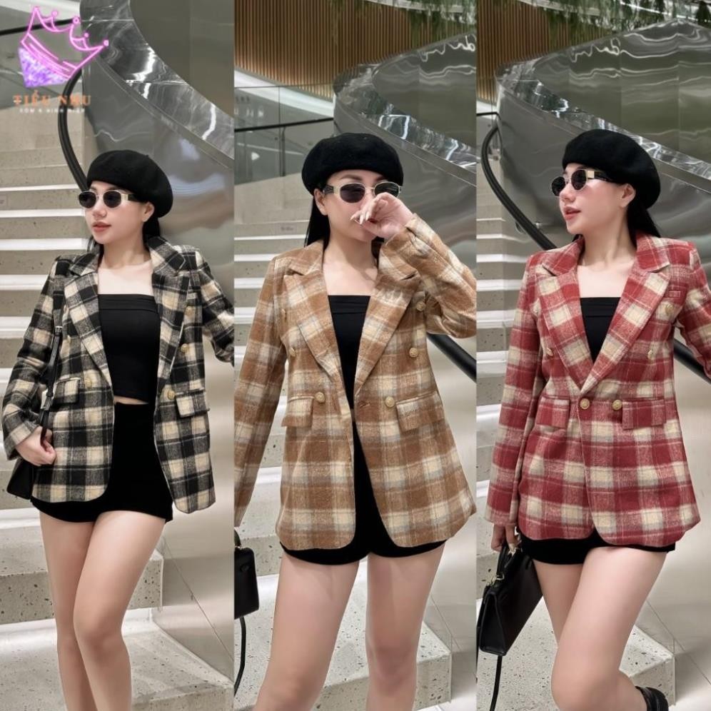 Áo Vest Lông Kẻ 2 Lớp QCCC, Áo Blazer Lông Kẻ Thời Trang Nữ