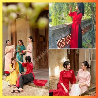 Áo dài cách tân nữ cổ tròn thiết kế kiểu hiện đại đính nơ vai, Áo dài truyền thống lụa trơn màu Đỏ và Xanh Hồng bưng quả
