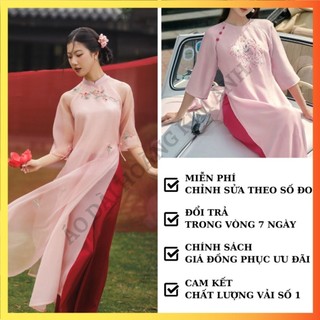 Áo dài cách tân nữ thiết kế tay phối tơ, thêu hoa nhí đỏ truyền thống, áo dài cách tân màu hồng mặc tết duyên dáng