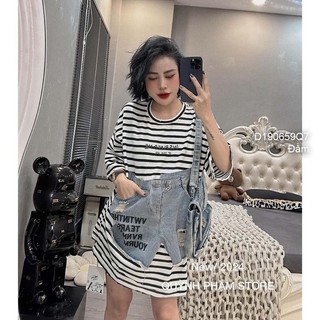 Đầm kẻ sọc dáng suông đắp vải jean trước thêu chữ tay ngắn