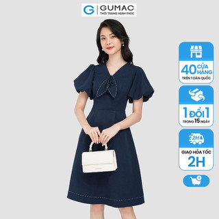 Đầm cổ nơ phối chỉ nữ gumac form chữ a nhiều màu dc08037
